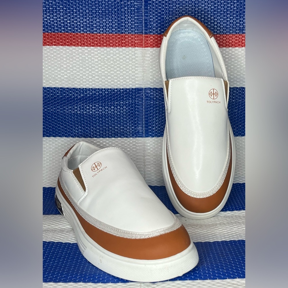 🎉✨ TOLYPOLCH Weatherproof White and Brown Men's Slip-On Loafers Shoes Size 8.5